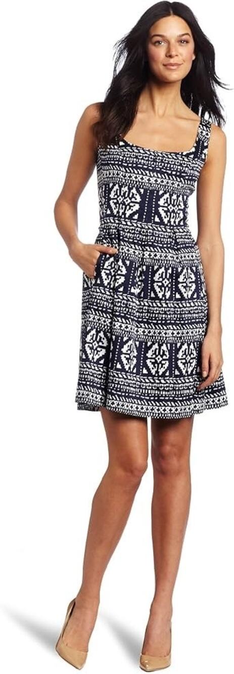Nine West Blue Tribal Lace Print Sleeveless Fit & Flare Knee Length Dress Sz 8